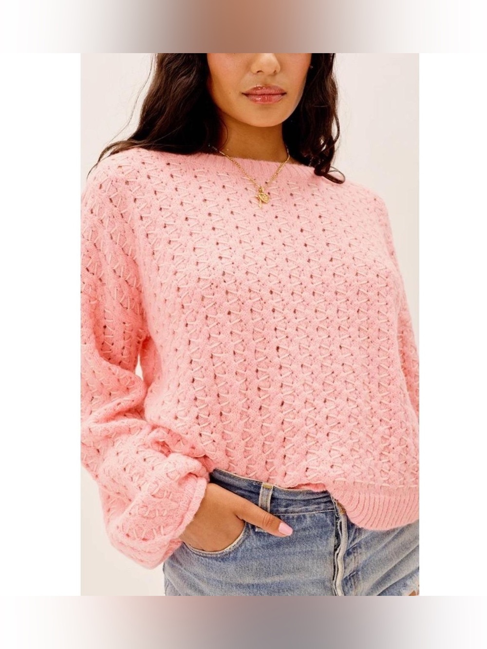 For Love & Lemons Dawn Reversible High-Low Knit Sweater Pink XS long sleeve